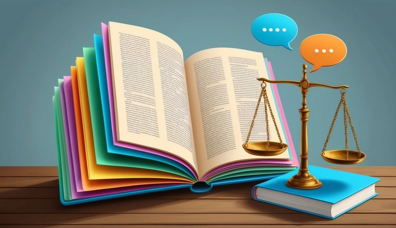 Open book with colorful pages, scales of justice, and speech bubbles