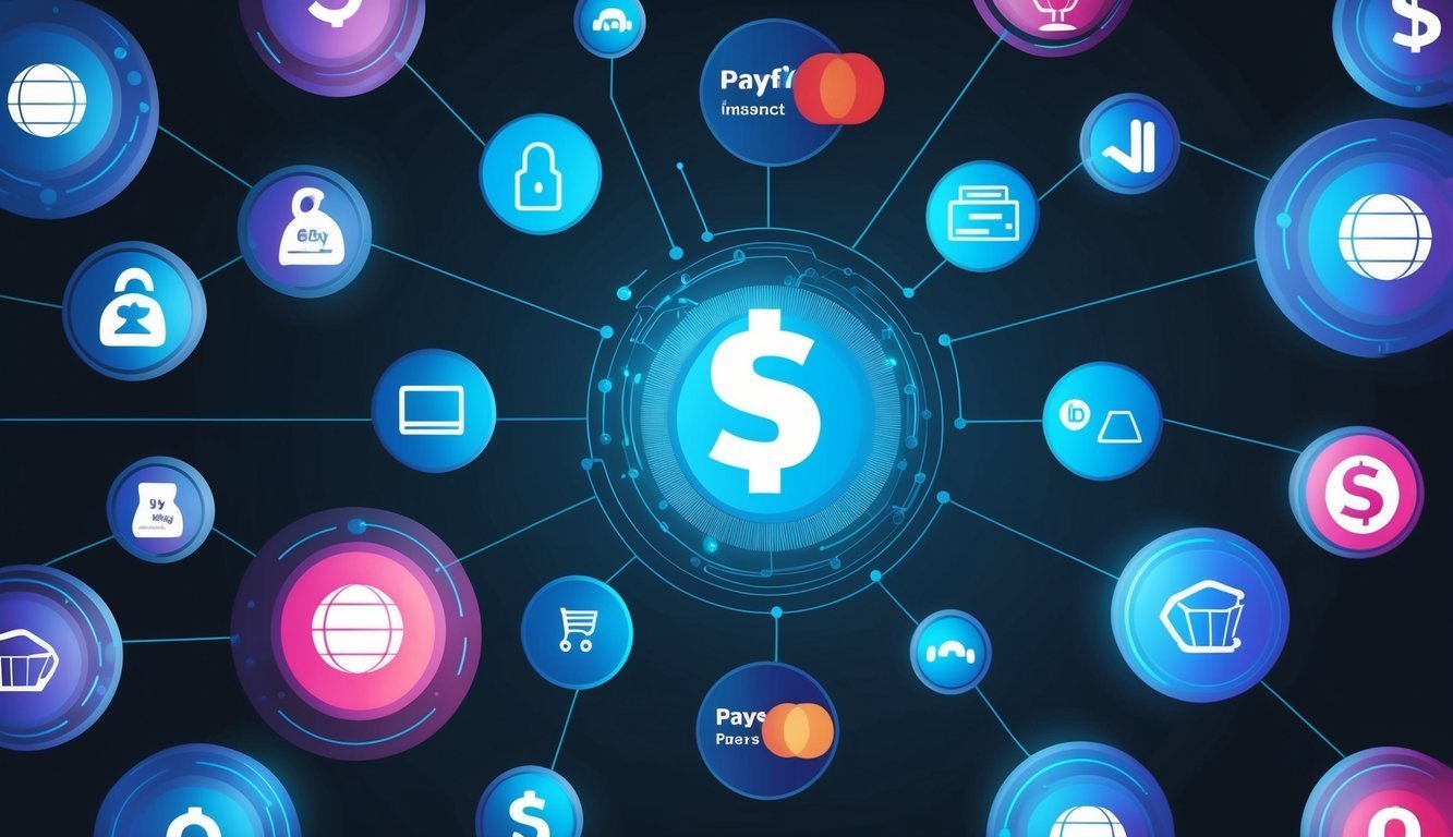 Digital illustration of a dollar sign connected to various payment icons
