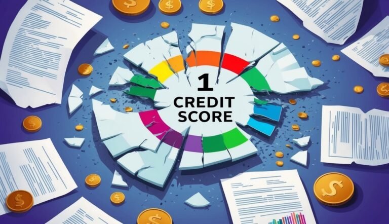 Broken credit score graphic with documents and coins scattered around