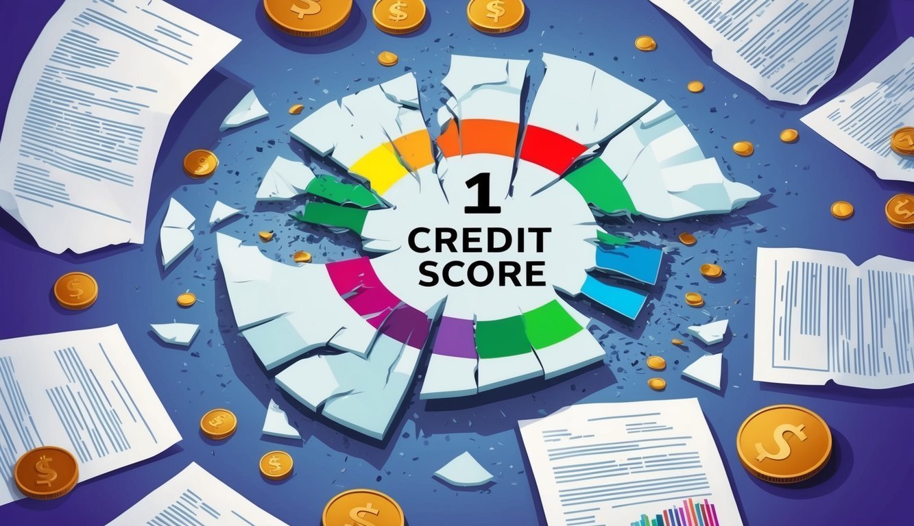 Broken credit score graphic with documents and coins scattered around