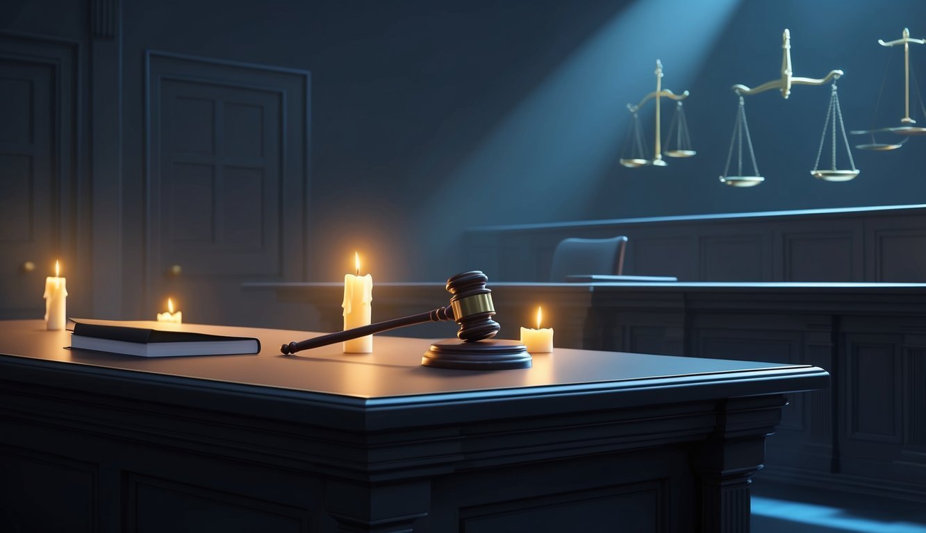Gavel, scales of justice, candles, and book on a courtroom table