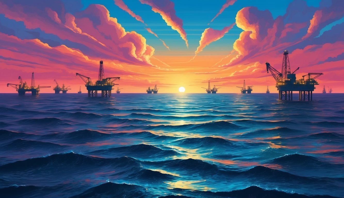 Oil rigs on the ocean at sunset with colorful sky and waves
