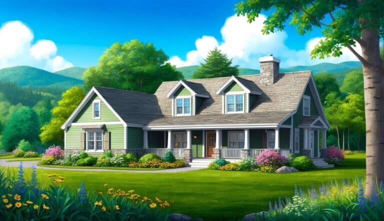 Green house with a porch, chimney, and lush green landscape