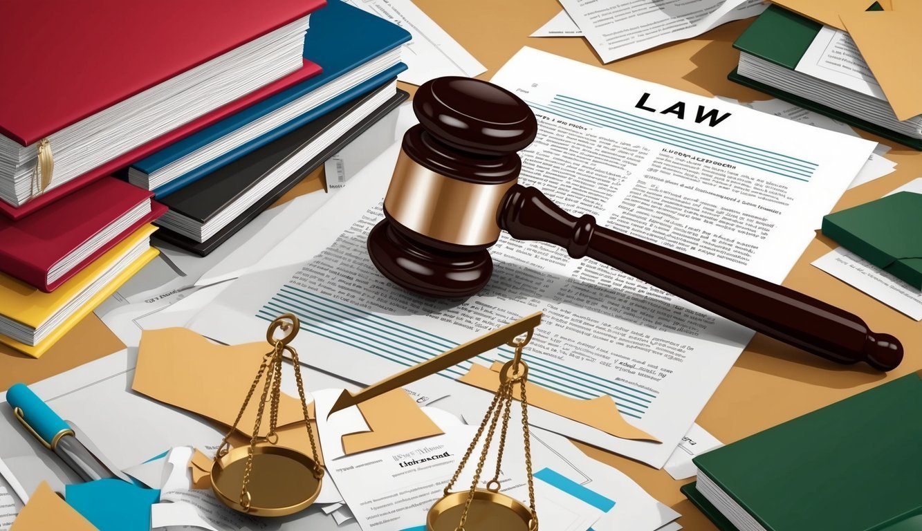 Gavel, scales of justice, law books, and documents on a table