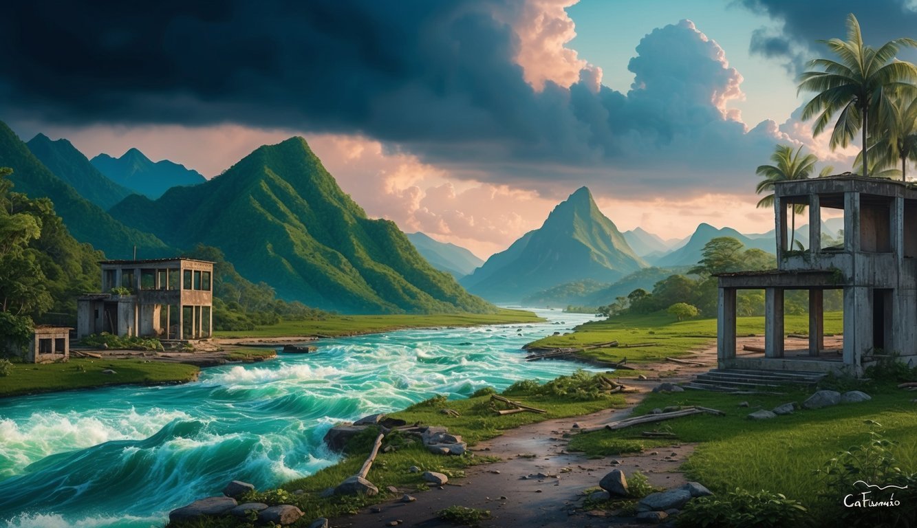 Scenic landscape with river, mountains, clouds, and abandoned concrete buildings