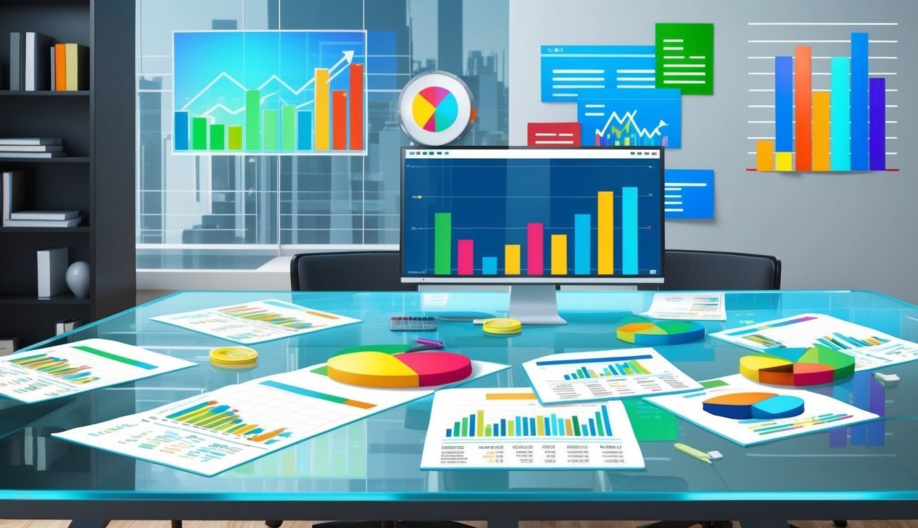 Office desk with computer, charts, and graphs displaying financial data