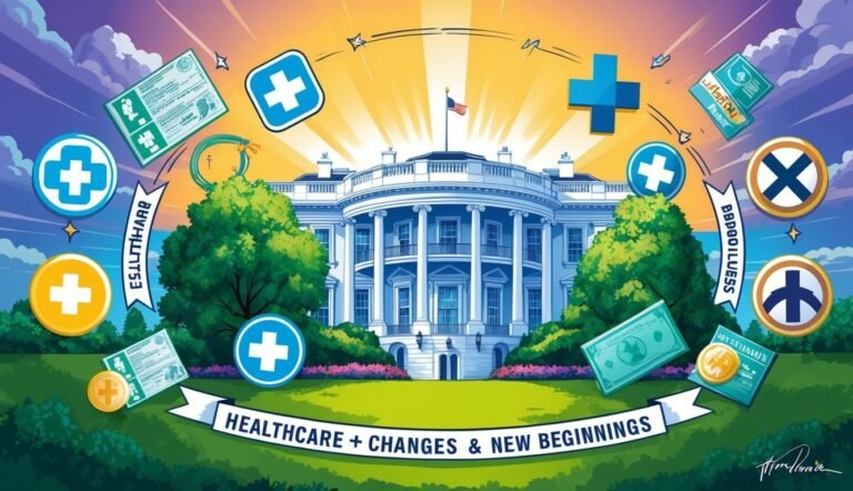 White House with healthcare symbols, documents, and banner "Healthcare Changes."