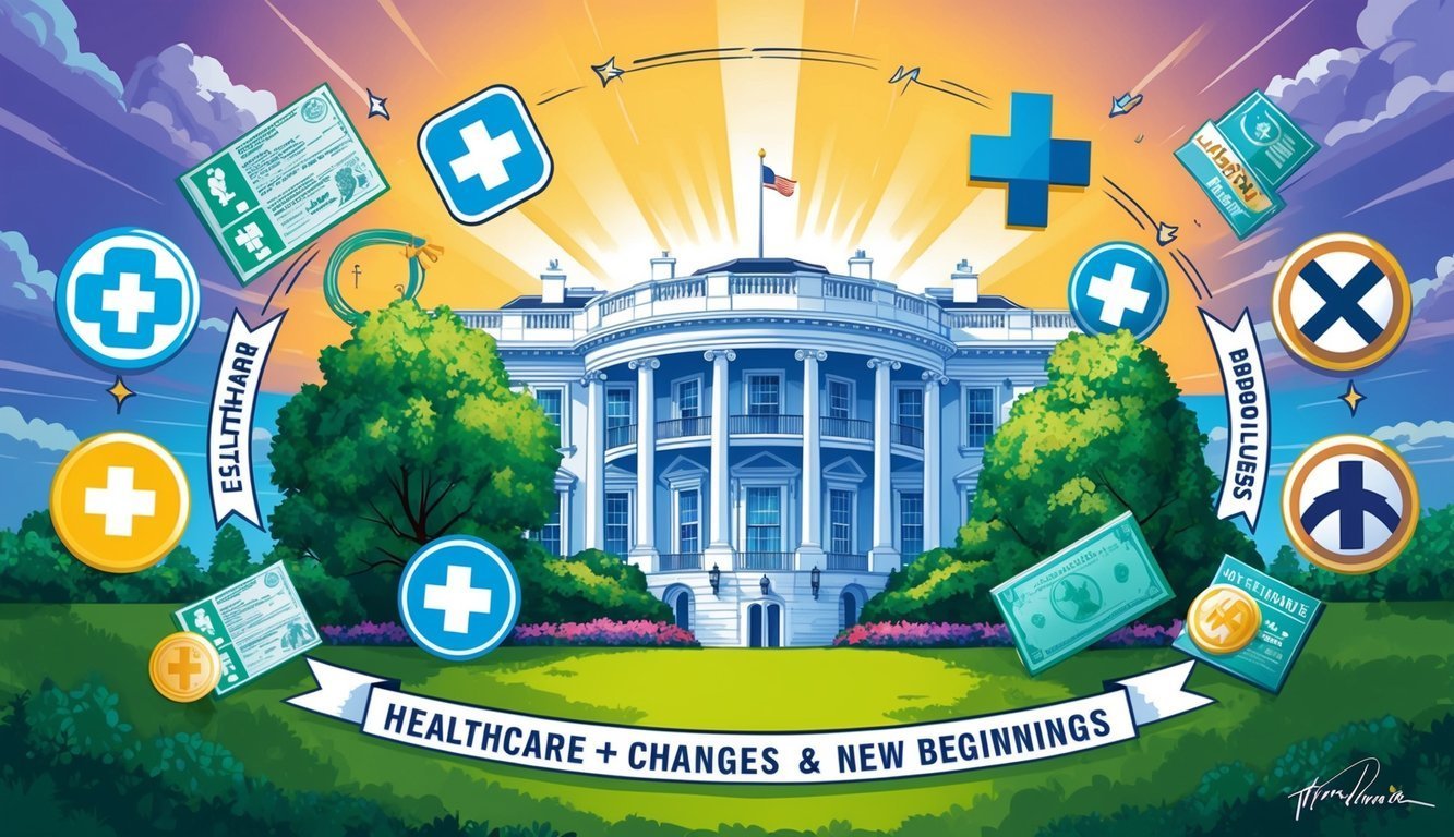 White House with healthcare symbols, documents, and banner "Healthcare Changes."