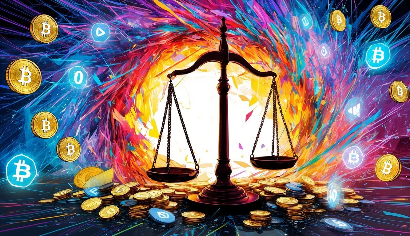 Scales of justice with Bitcoin coins and colorful abstract background