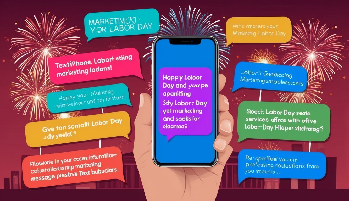 Hand holding a phone with Labor Day messages and fireworks in the background