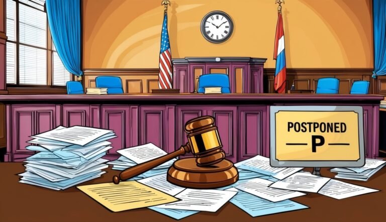 Courtroom scene with gavel, documents, and "Postponed" sign