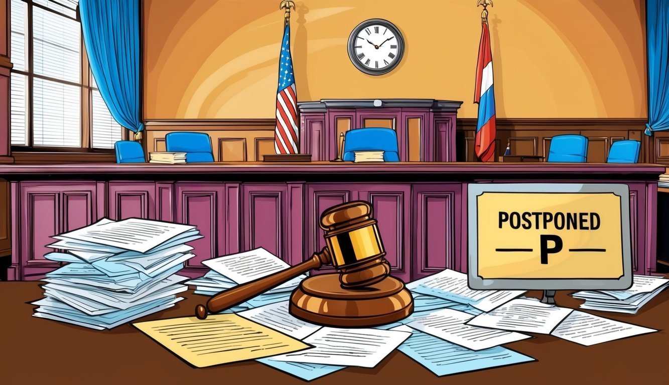 Courtroom scene with gavel, documents, and "Postponed" sign
