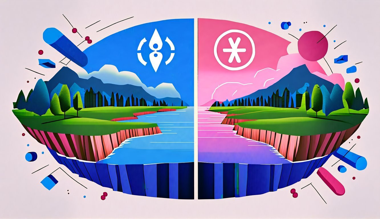 Split landscape with symbols, mountains, trees, and water in blue and pink