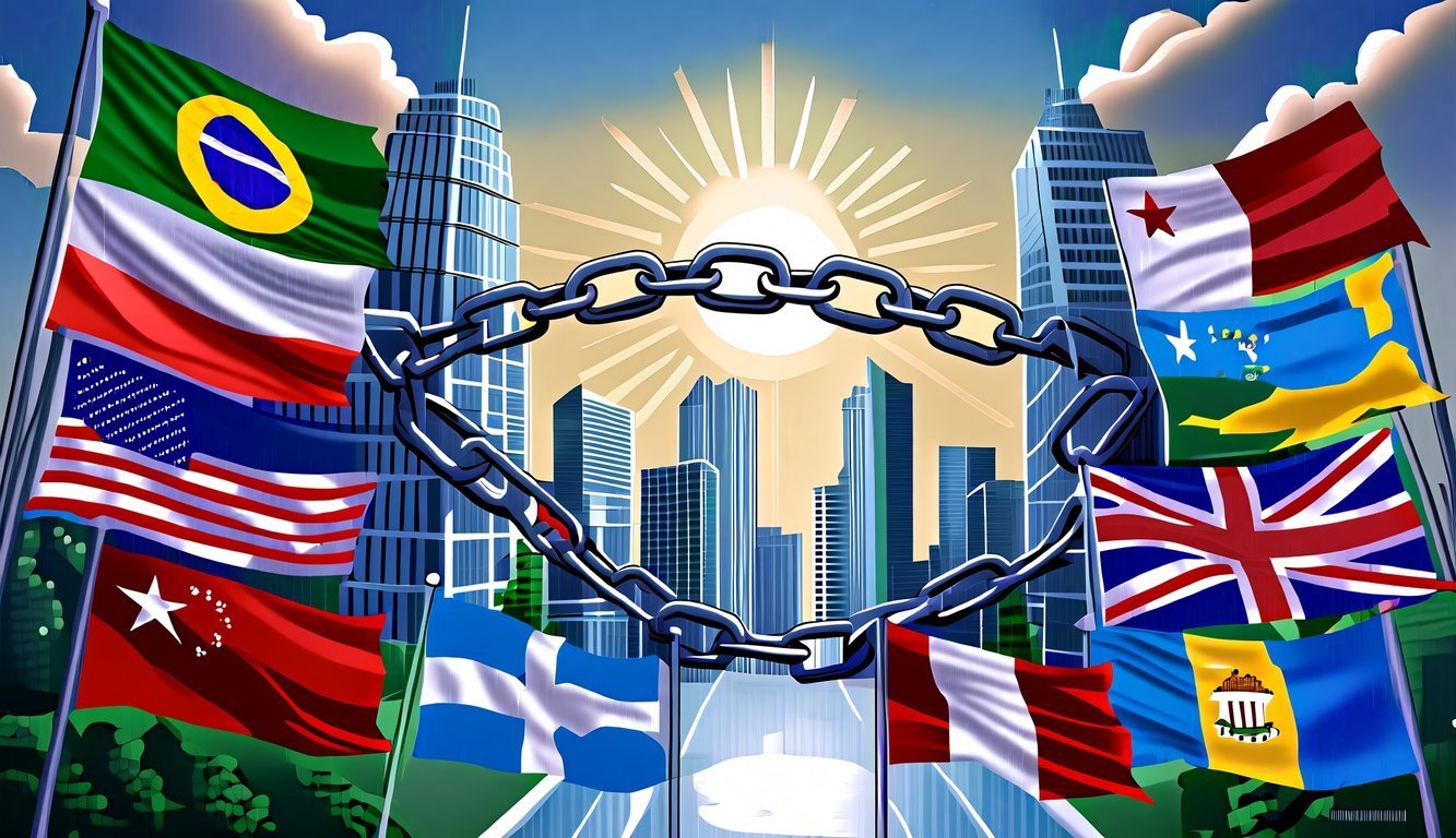 Flags of various nations, chain around city skyline, sun in background