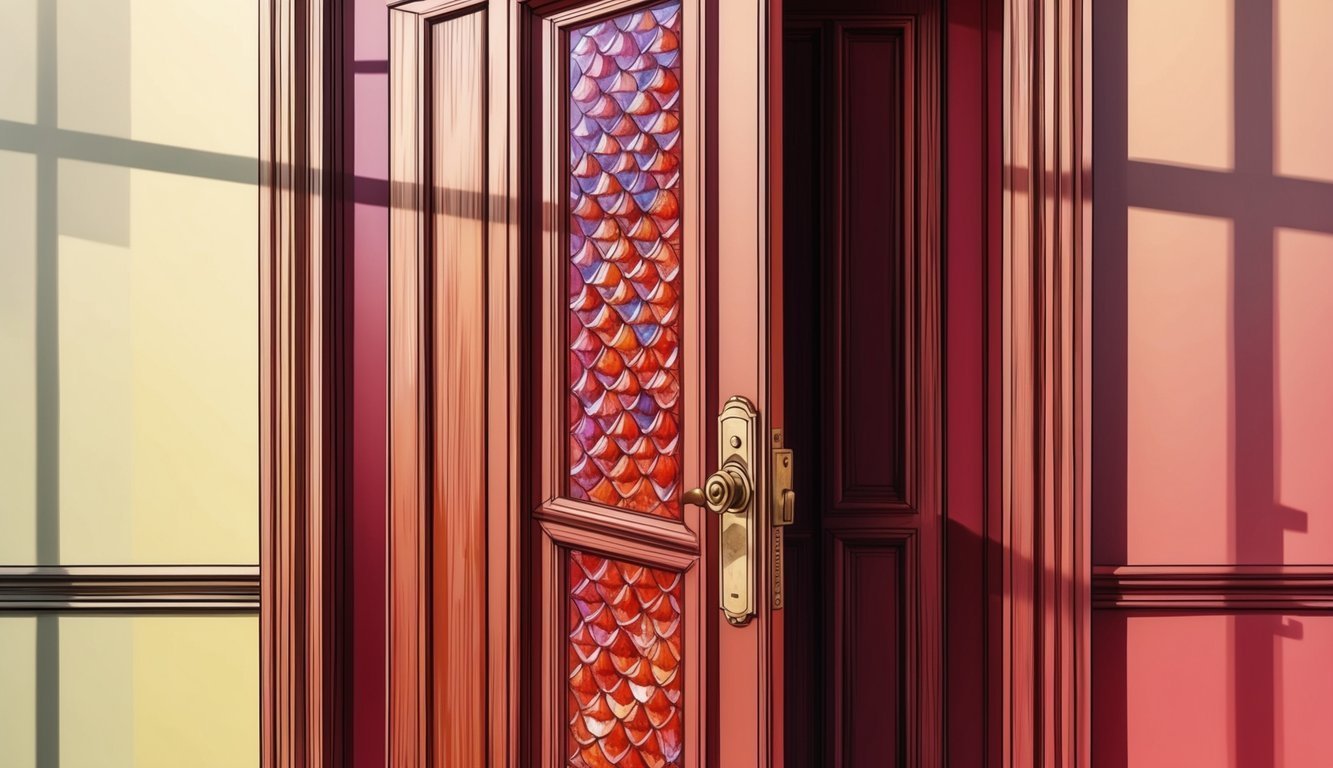 Open wooden door with stained glass panel, casting shadows on walls