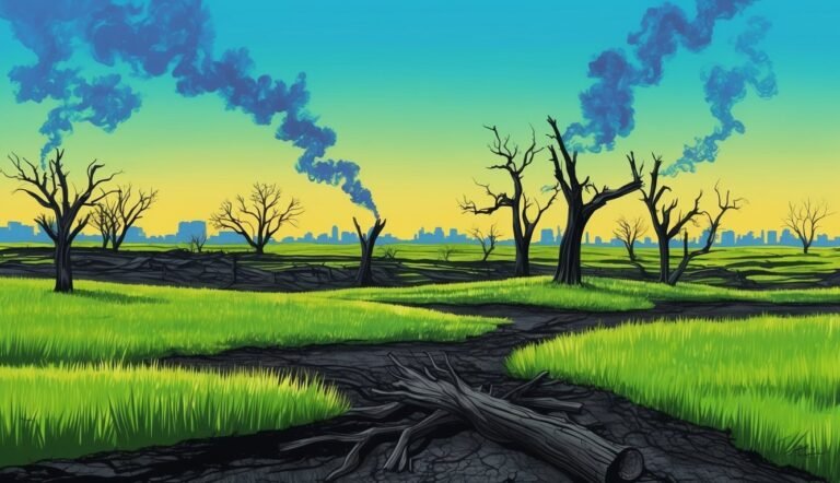 Illustration of a polluted landscape with blue smoke, dead trees, and a city