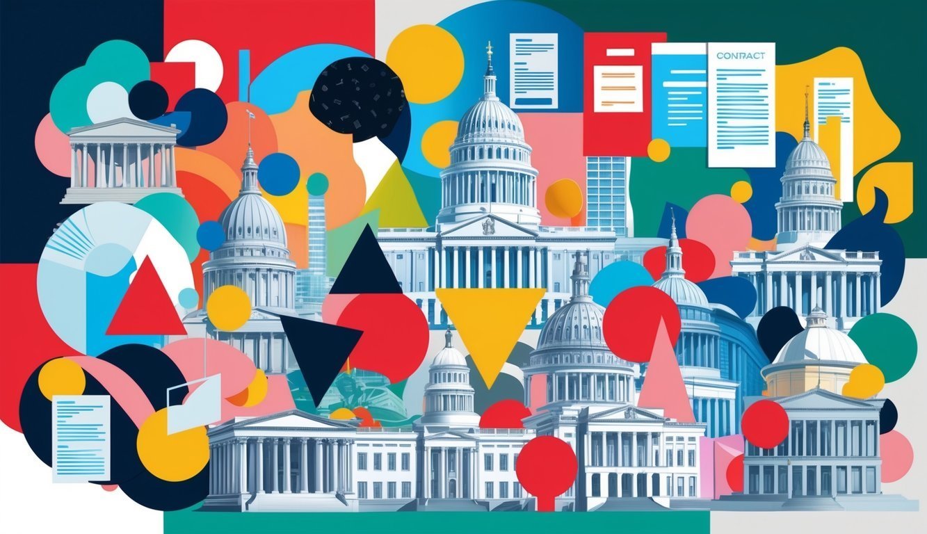 Stylized illustration of government buildings with colorful geometric shapes