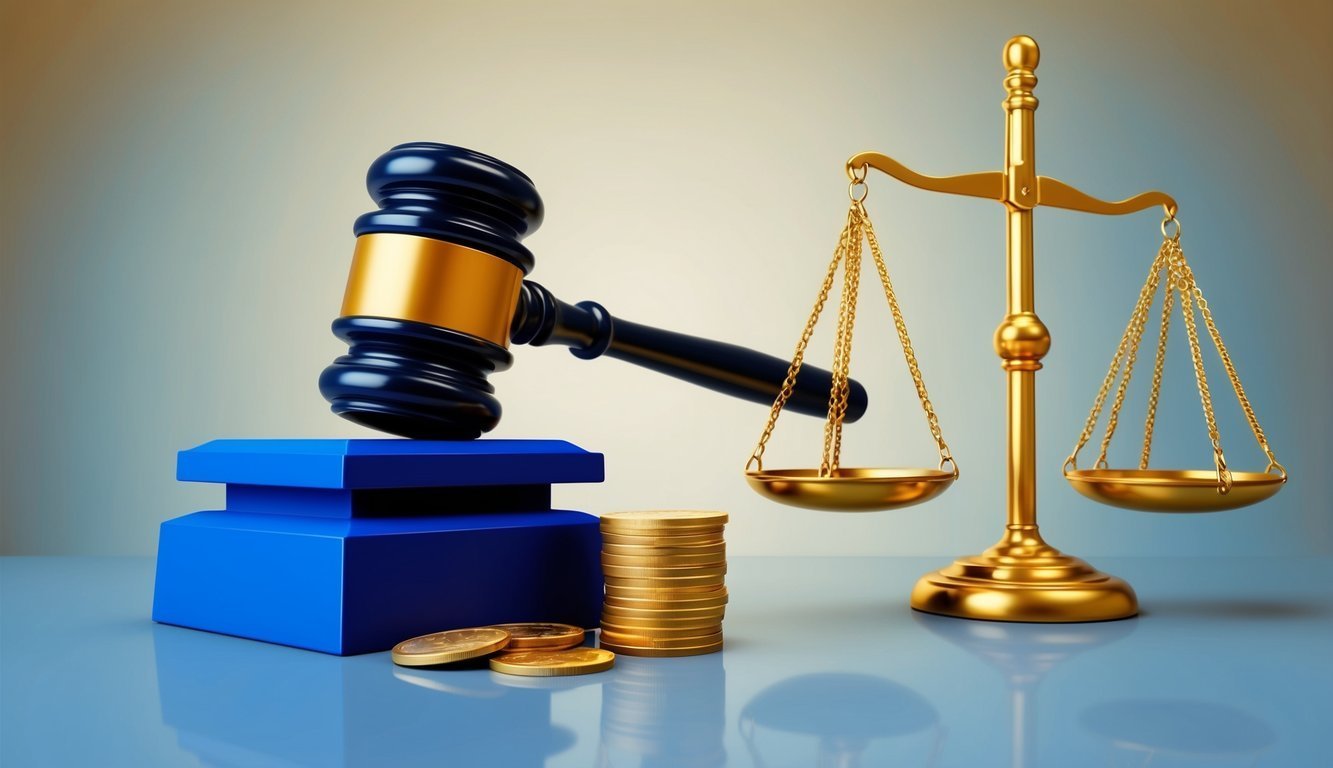 Gavel, scales of justice, and gold coins on a blue surface