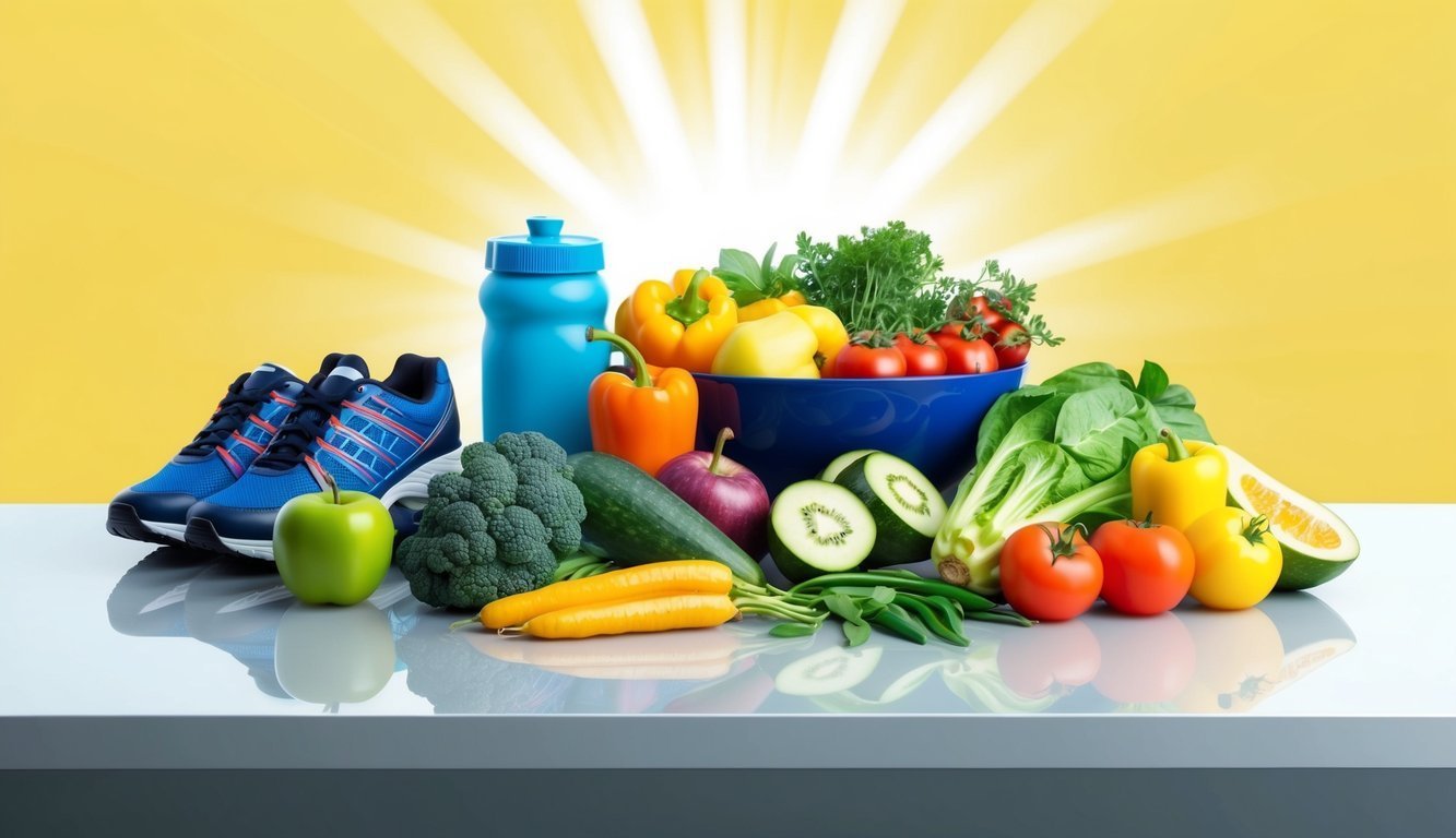Blue sneakers, water bottle, and fresh vegetables on a table