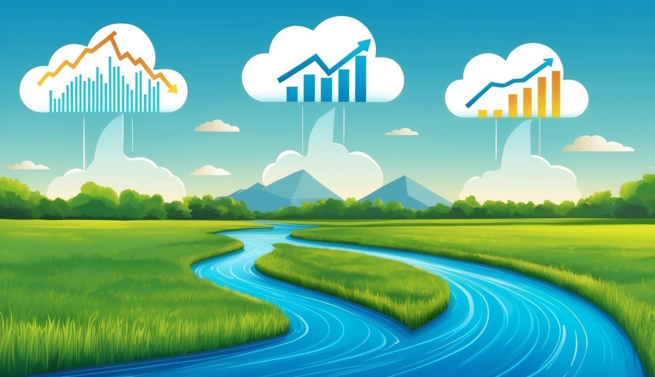 Clouds with charts over a river flowing through a green landscape