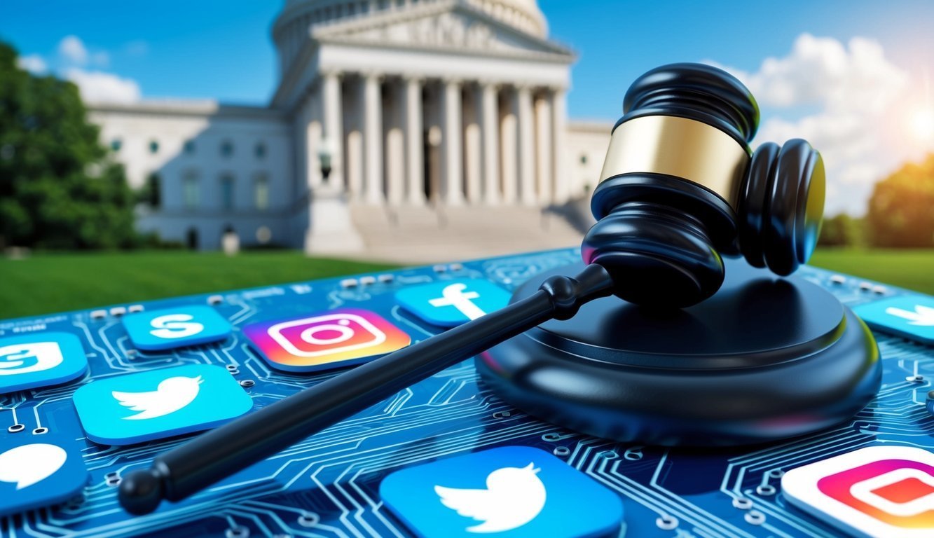 Gavel on circuit board with social media icons, Capitol building in background