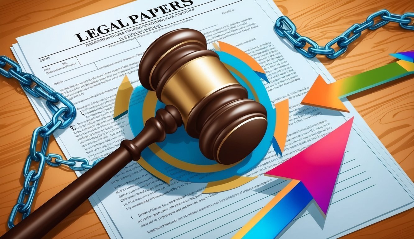 Legal papers, gavel, chain, and colorful arrows on a wooden surface