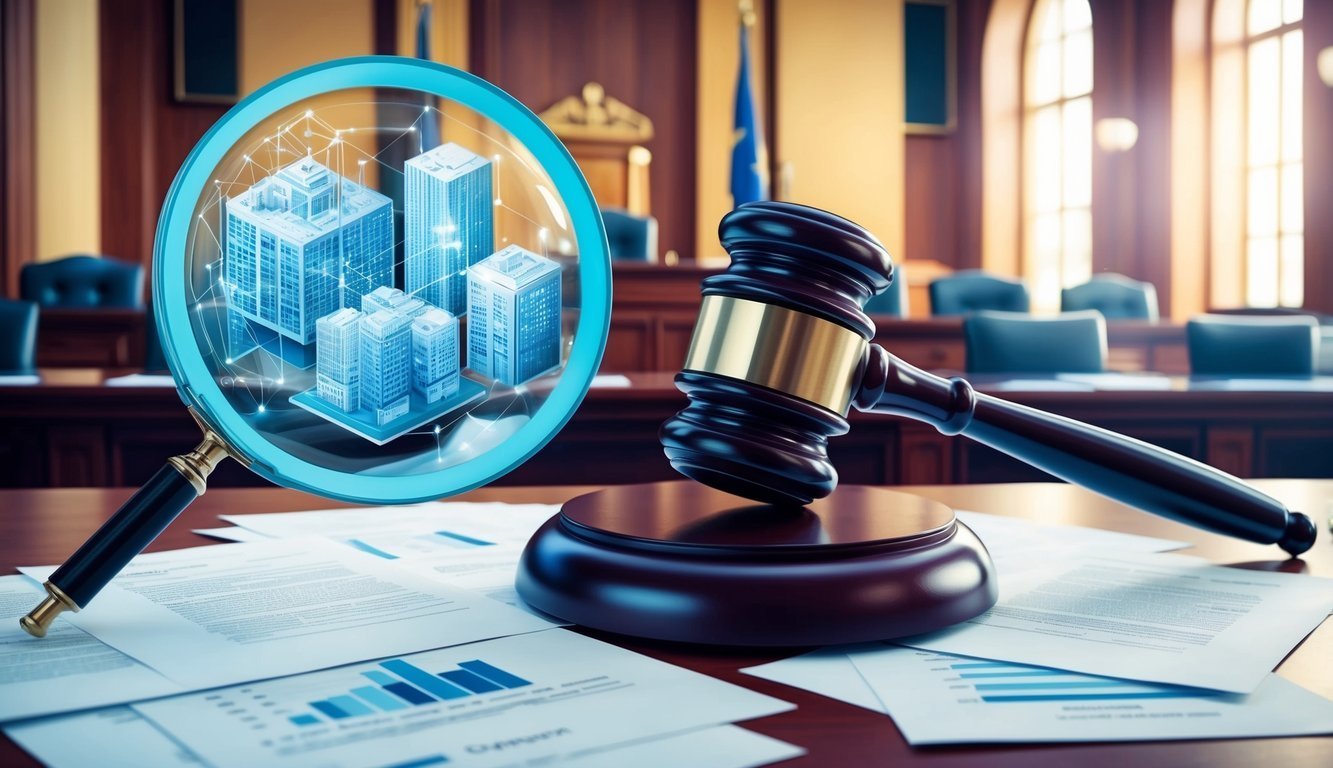 Gavel, magnifying glass with buildings, and documents on a courtroom table