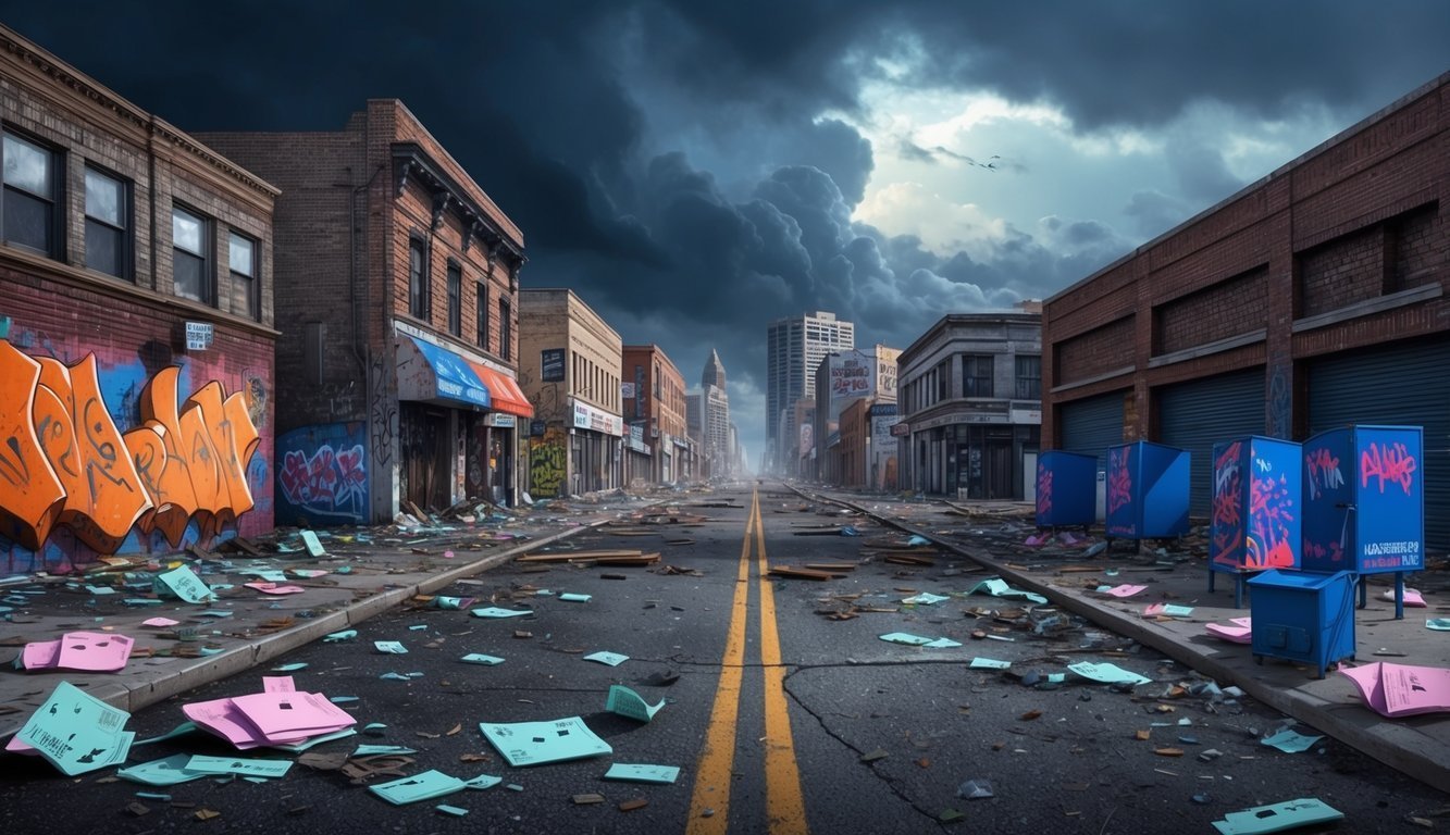 Abandoned city street with graffiti, debris, and dark, stormy sky