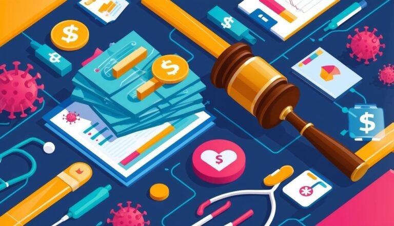 Gavel, money, medical supplies, and coronavirus illustration on a blue background