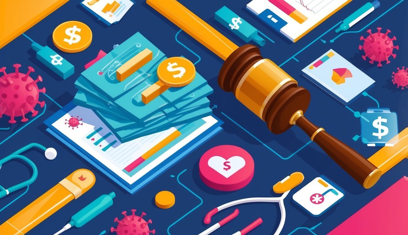Gavel, money, medical supplies, and coronavirus illustration on a blue background