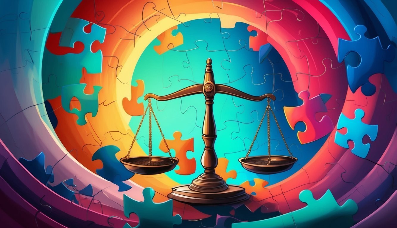 Scales of justice in front of a colorful puzzle background