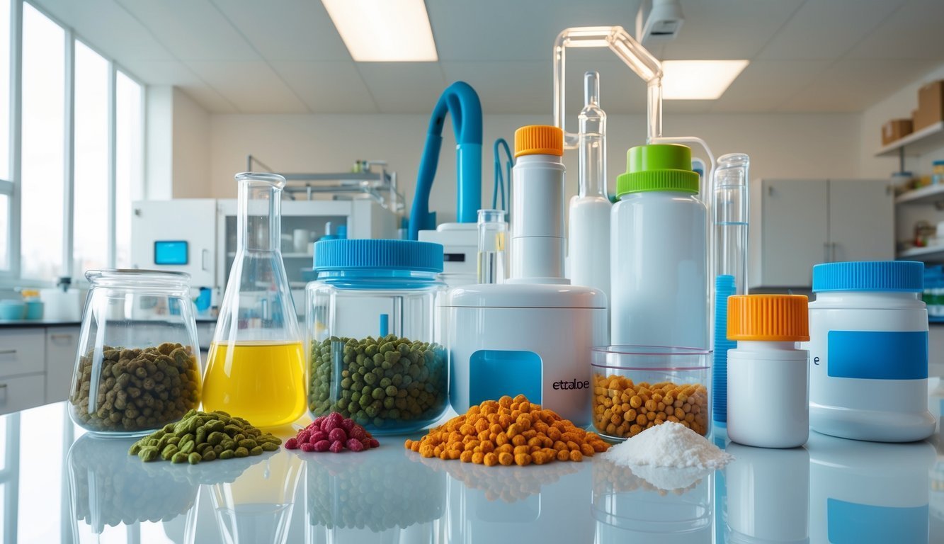 Laboratory scene with various containers, chemicals, and equipment on a reflective surface