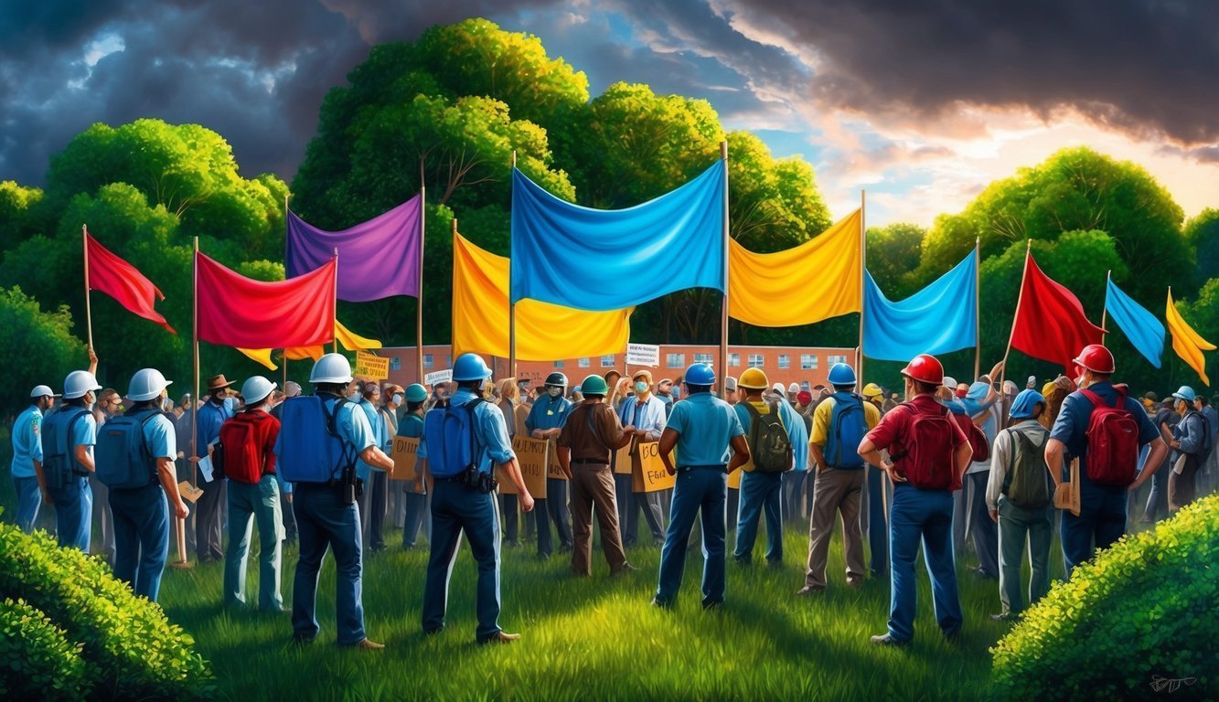 Protest with colorful flags and workers in hard hats on a grassy field