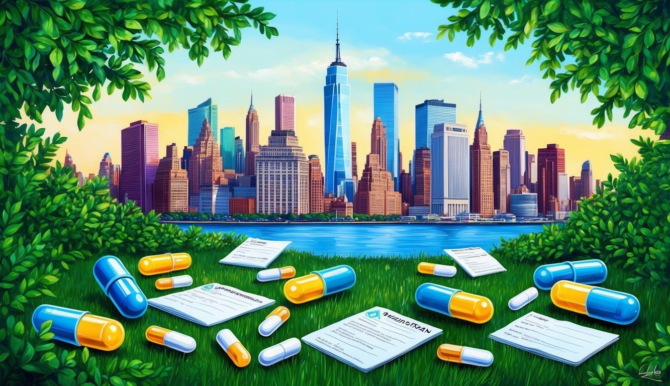 Pills and prescriptions on grass with New York City skyline in background