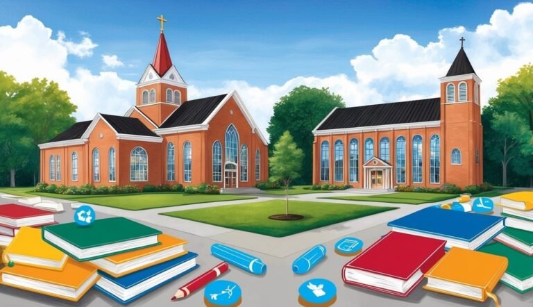 Two brick churches with books and school supplies in the foreground