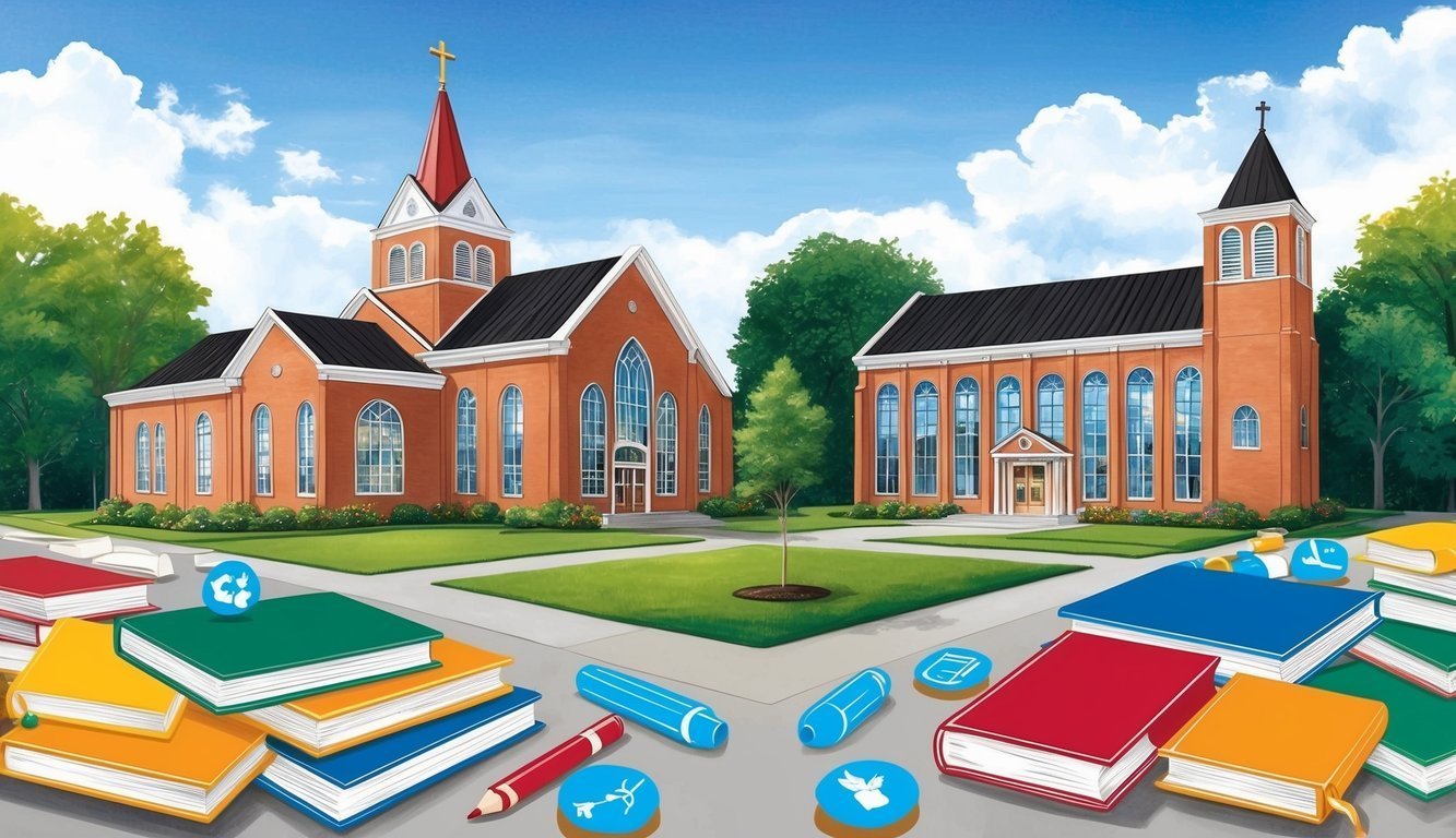 Two brick churches with books and school supplies in the foreground