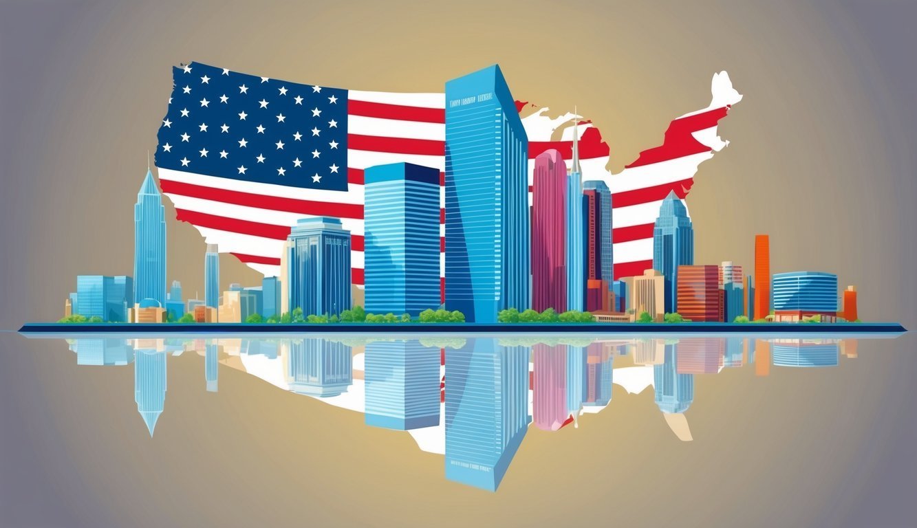 Stylized cityscape with American flag background and reflection