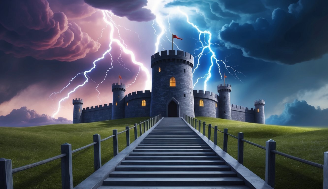Castle on a hill with lightning storm overhead, stairs leading up