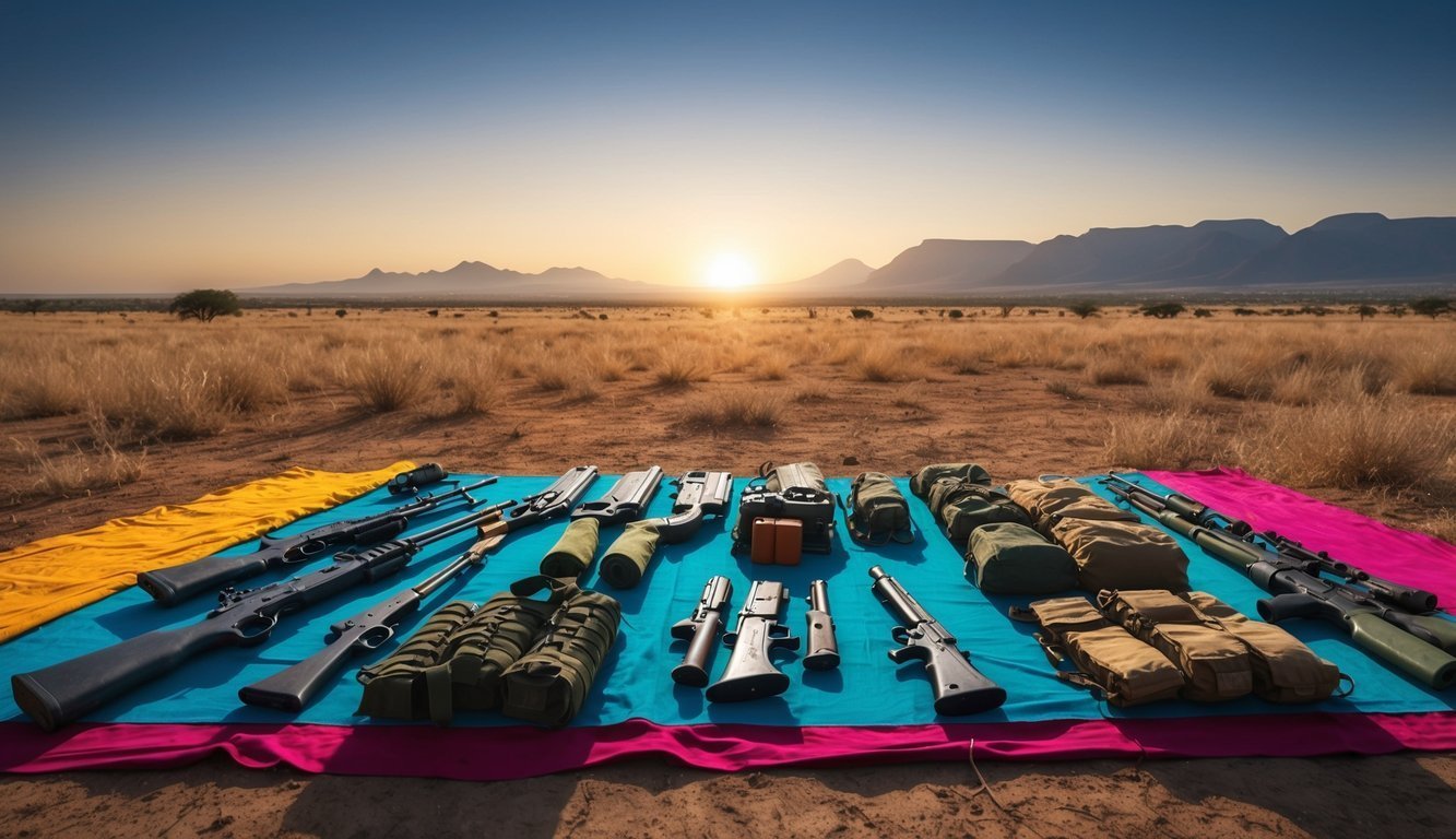 Guns and gear laid out on a colorful blanket in a desert landscape