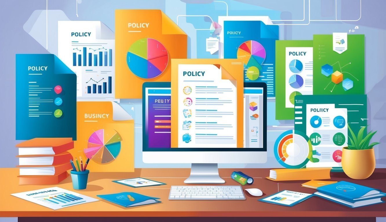 Desk with computer, documents, and charts labeled "Policy" and "Business"