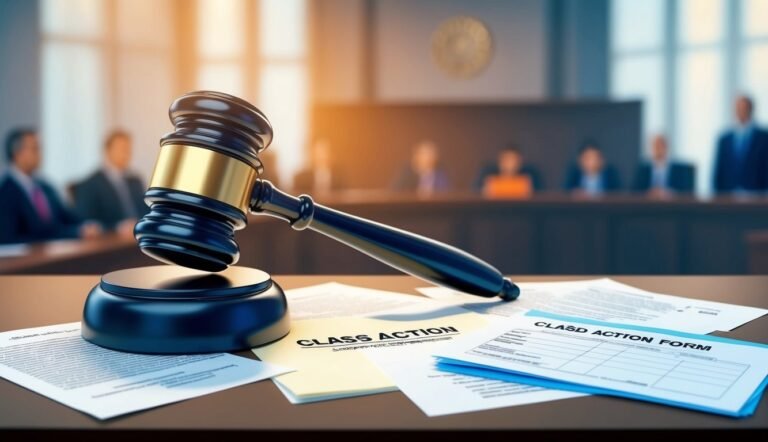 Gavel on desk with "Class Action" documents in a courtroom setting