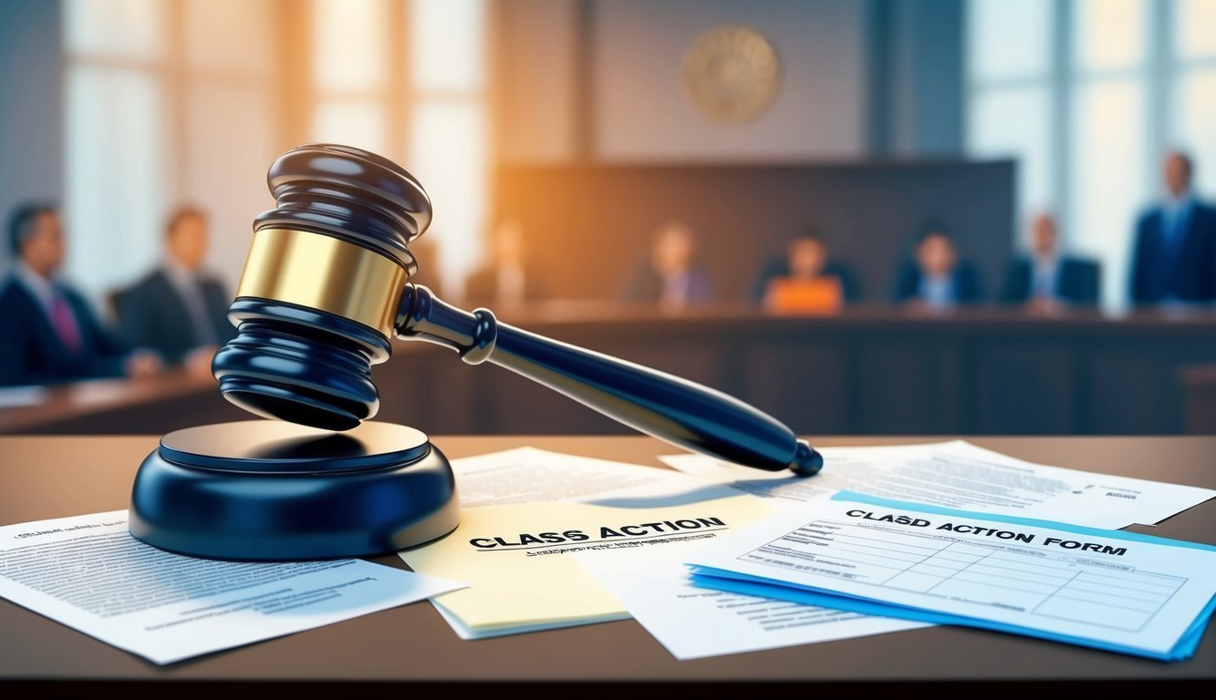 Gavel on desk with "Class Action" documents in a courtroom setting