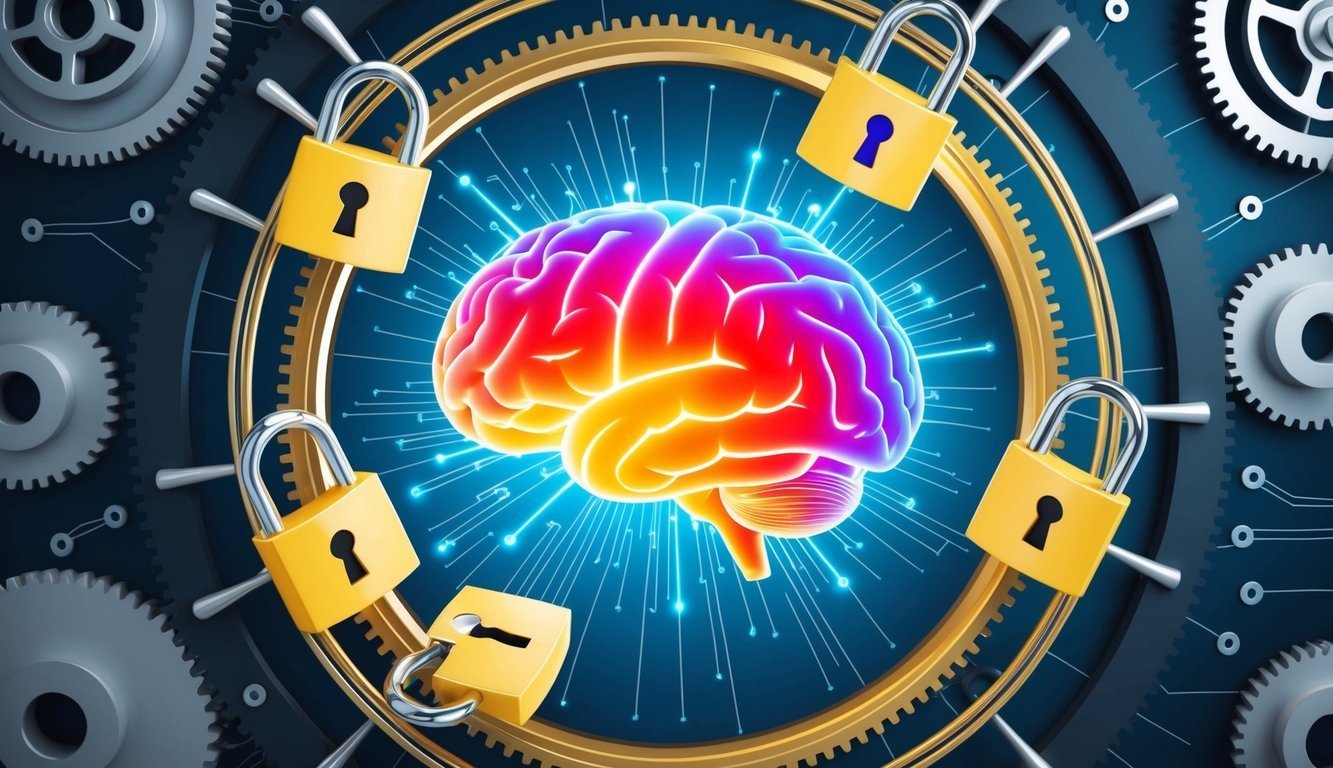 Glowing brain surrounded by padlocks and gears, representing security