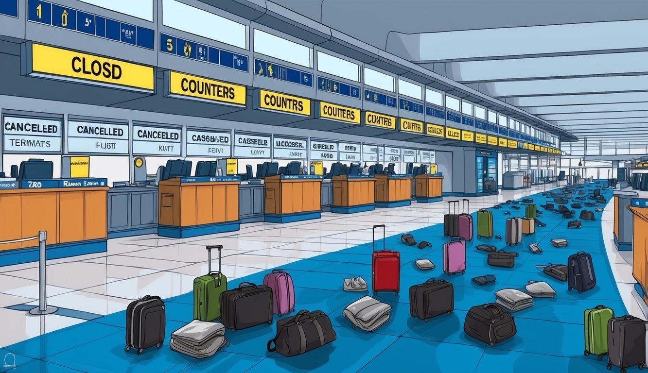 Empty airport terminal with "Closed" sign, canceled flights, and scattered luggage