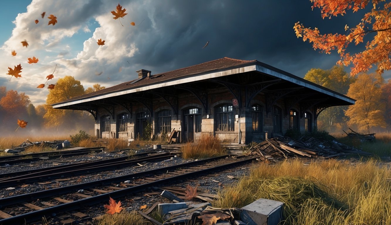 Abandoned train station in autumn, with falling leaves and overgrown tracks