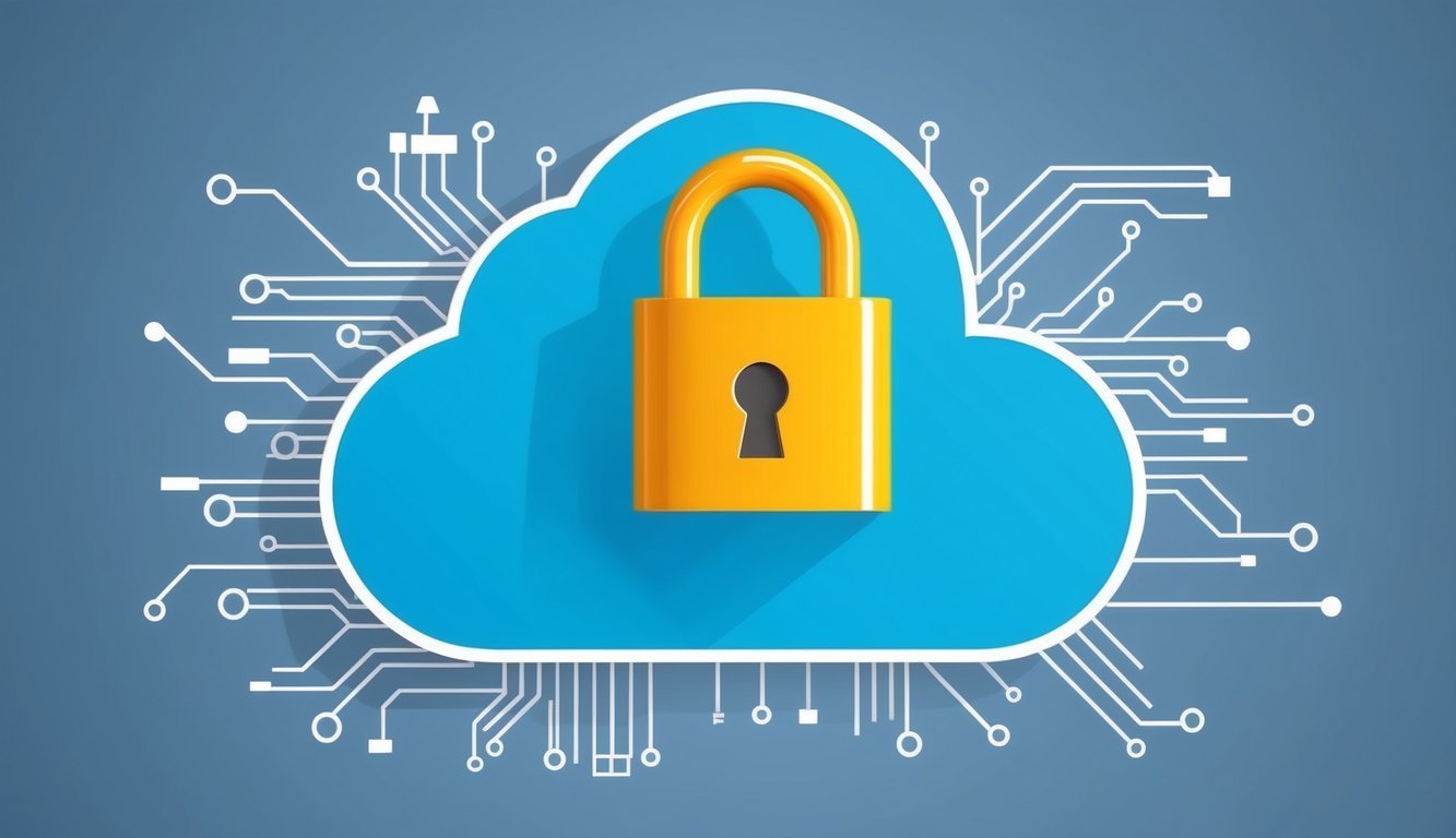 Yellow padlock on a blue cloud with circuit board lines, data security concept