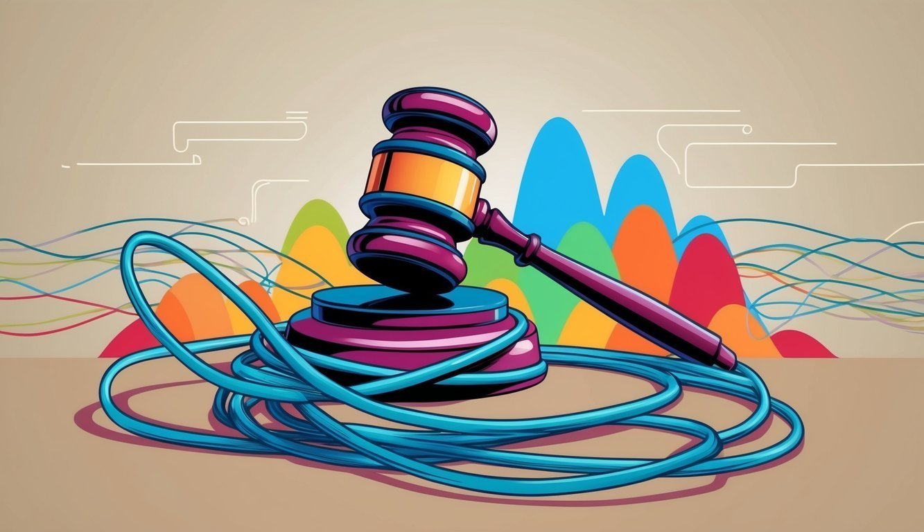 Stylized illustration of a gavel on a stand with blue coiled rope