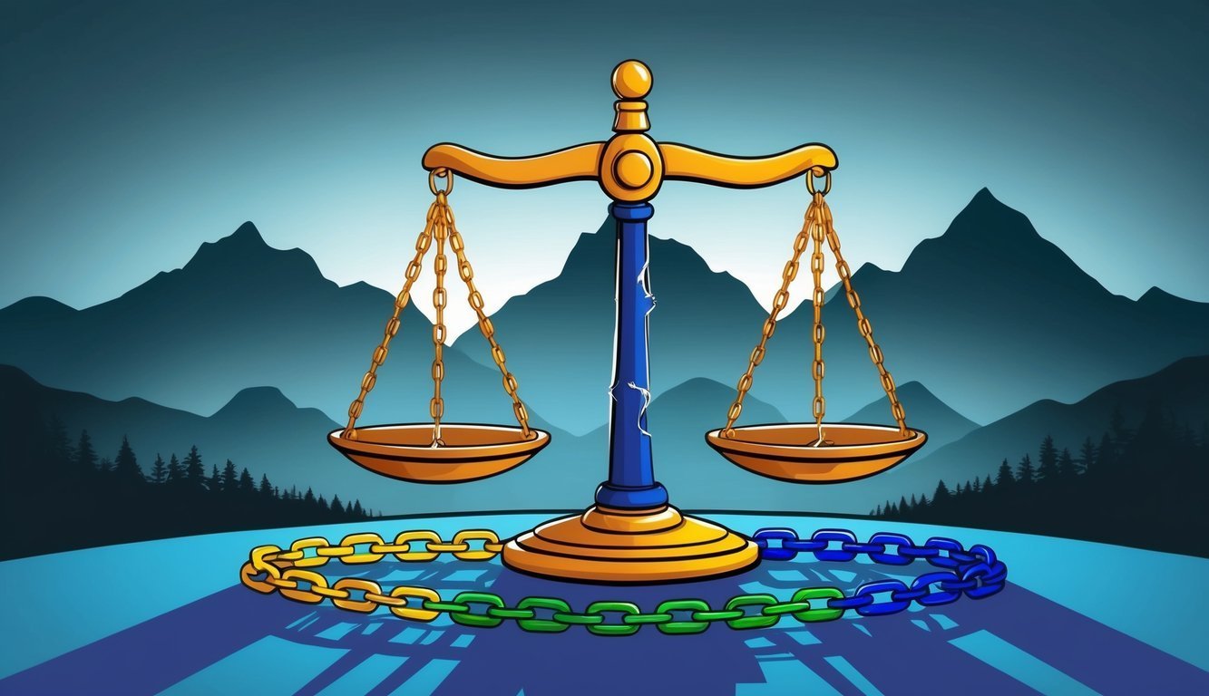 Scales of justice with a colorful chain in front of a mountain range