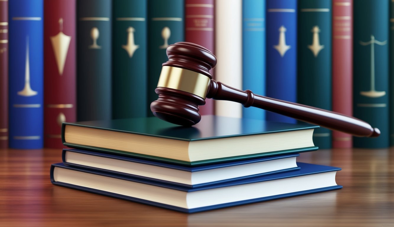 Gavel resting on a stack of books, with law books in the background