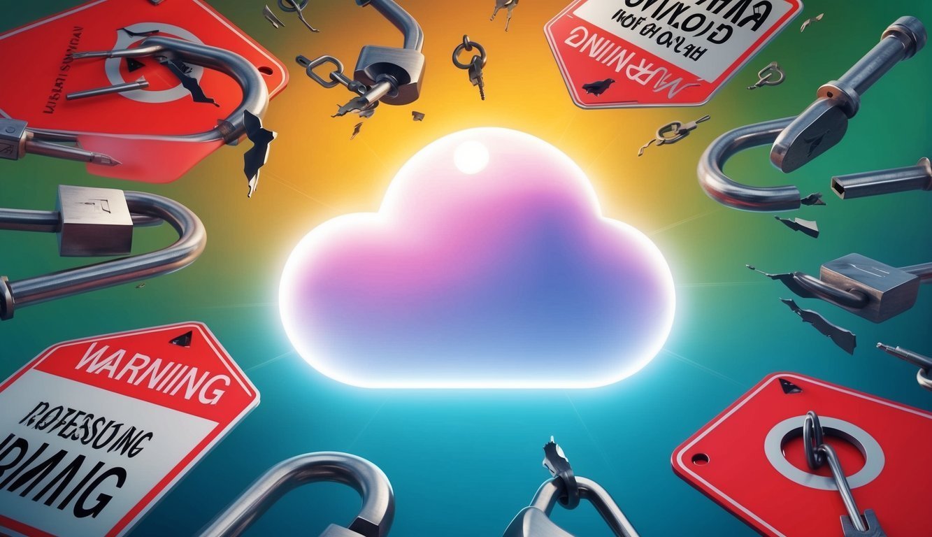 Cloud surrounded by broken locks, keys, and warning signs